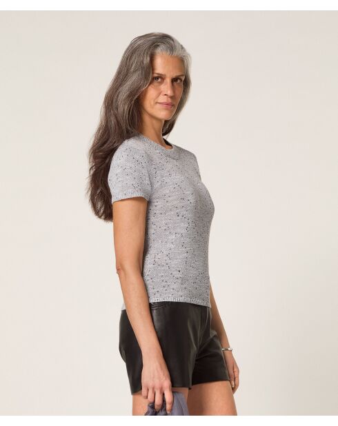 Hasna heather grijze geribbelde trui met korte mouwen