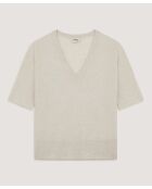 Mei witte ecru wollen trui met korte mouwen en V-hals
