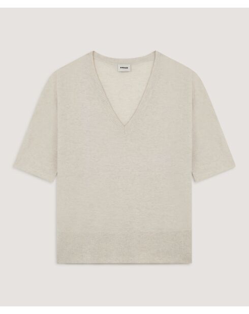 Mei witte ecru wollen trui met korte mouwen en V-hals