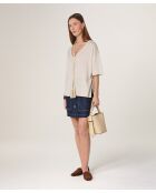 Mei witte ecru wollen trui met korte mouwen en V-hals