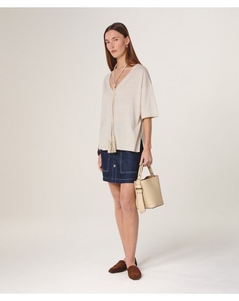 Mei witte ecru wollen trui met korte mouwen en V-hals