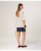 Mei witte ecru wollen trui met korte mouwen en V-hals