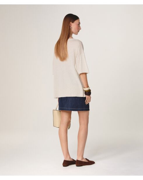 Mei witte ecru wollen trui met korte mouwen en V-hals