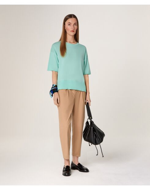 Maglia girocollo a maniche corte in lana Sakura verde acqua