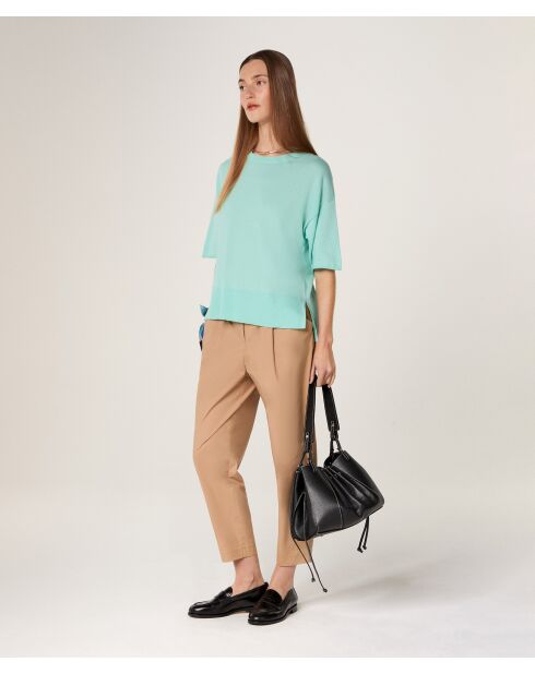 Maglia girocollo a maniche corte in lana Sakura verde acqua