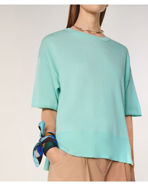 Maglia girocollo a maniche corte in lana Sakura verde acqua
