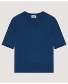 Marineblauer Sakura-Woll-Kurzarmpullover mit Rundhalsausschnitt