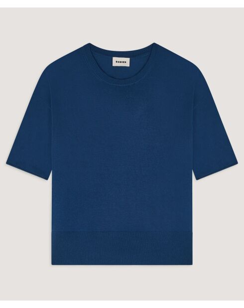 Marineblauer Sakura-Woll-Kurzarmpullover mit Rundhalsausschnitt