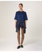 Marineblauer Sakura-Woll-Kurzarmpullover mit Rundhalsausschnitt