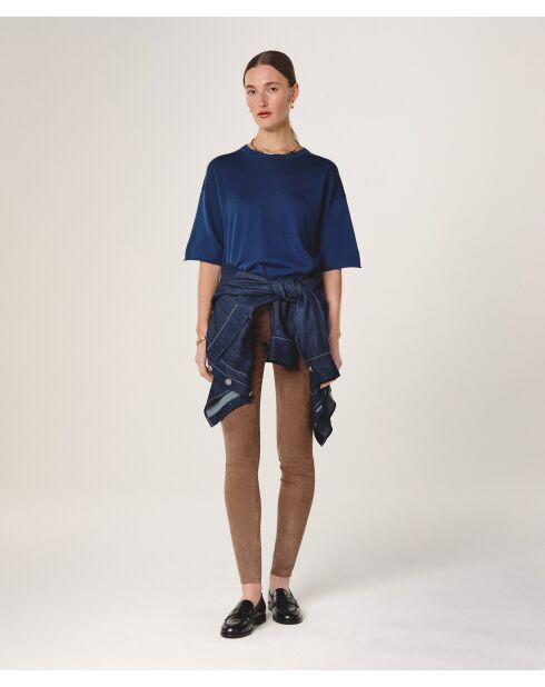 Marineblauer Sakura-Woll-Kurzarmpullover mit Rundhalsausschnitt