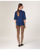 Marineblauer Sakura-Woll-Kurzarmpullover mit Rundhalsausschnitt