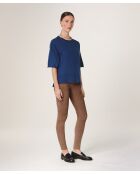 Marineblauer Sakura-Woll-Kurzarmpullover mit Rundhalsausschnitt