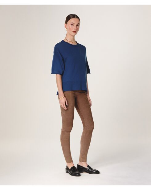 Marineblauer Sakura-Woll-Kurzarmpullover mit Rundhalsausschnitt