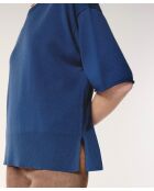 Marineblauer Sakura-Woll-Kurzarmpullover mit Rundhalsausschnitt