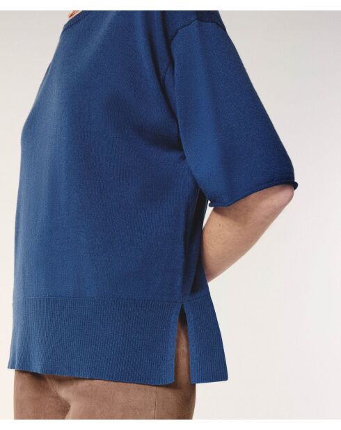 Marineblauer Sakura-Woll-Kurzarmpullover mit Rundhalsausschnitt