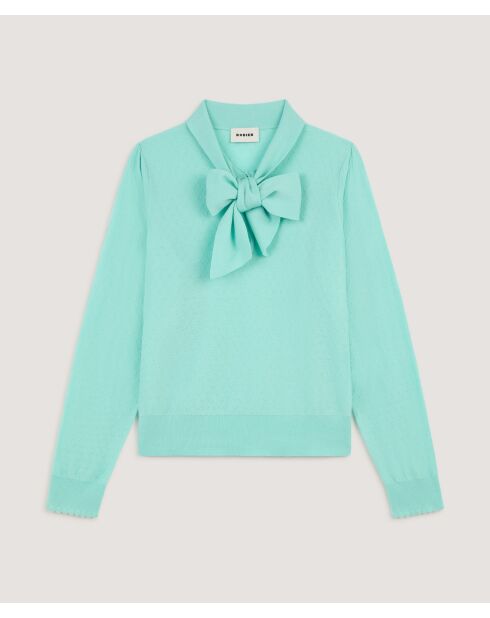 Hanae aquagrüner Wollpullover mit Lavalierausschnitt