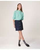 Hanae aquagrüner Wollpullover mit Lavalierausschnitt