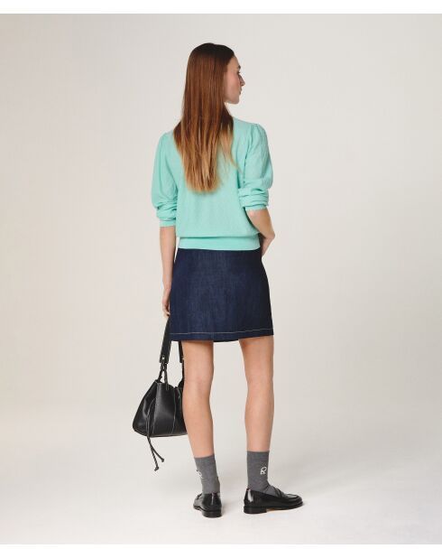 Hanae aquagrüner Wollpullover mit Lavalierausschnitt