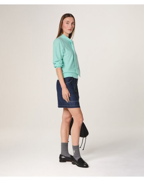 Hanae aquagrüner Wollpullover mit Lavalierausschnitt