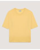 Gelber Sakura-Woll-Kurzarmpullover mit Rundhalsausschnitt