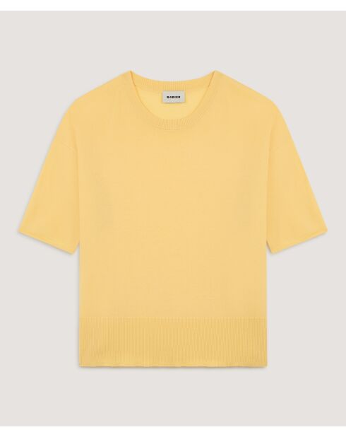 Gelber Sakura-Woll-Kurzarmpullover mit Rundhalsausschnitt