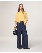 Gelber Sakura-Woll-Kurzarmpullover mit Rundhalsausschnitt