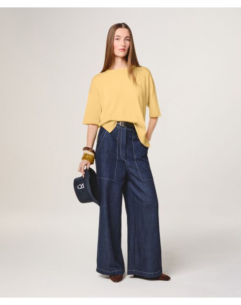 Gelber Sakura-Woll-Kurzarmpullover mit Rundhalsausschnitt