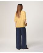 Gelber Sakura-Woll-Kurzarmpullover mit Rundhalsausschnitt