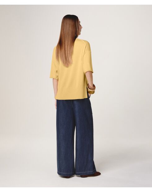 Gelber Sakura-Woll-Kurzarmpullover mit Rundhalsausschnitt