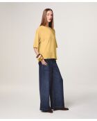 Gelber Sakura-Woll-Kurzarmpullover mit Rundhalsausschnitt