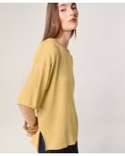 Gelber Sakura-Woll-Kurzarmpullover mit Rundhalsausschnitt