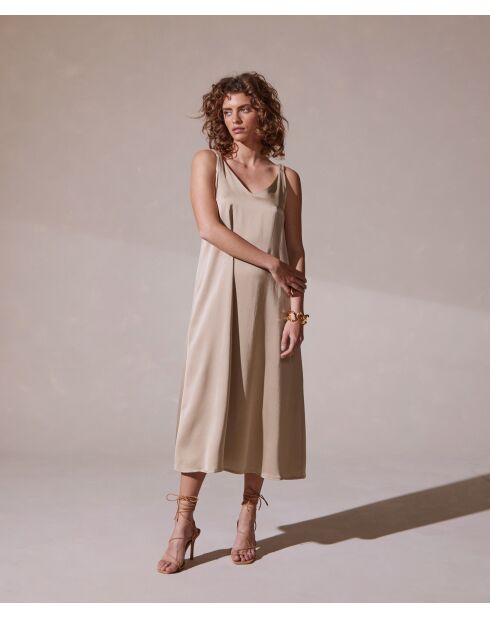 Robe à bretelle fronce satin Amina beige