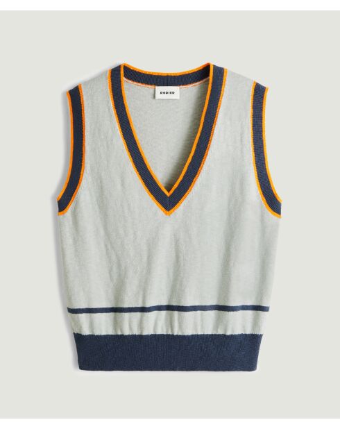 Mandelgrüner, gestreifter, ärmelloser Pullover Zola aus Baumwolle mit Rippausschnitt