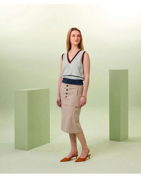 Mandelgrüner, gestreifter, ärmelloser Pullover Zola aus Baumwolle mit Rippausschnitt