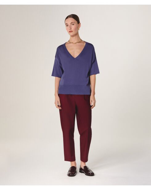 Pull en laine col V manches courtes Mei violet parme