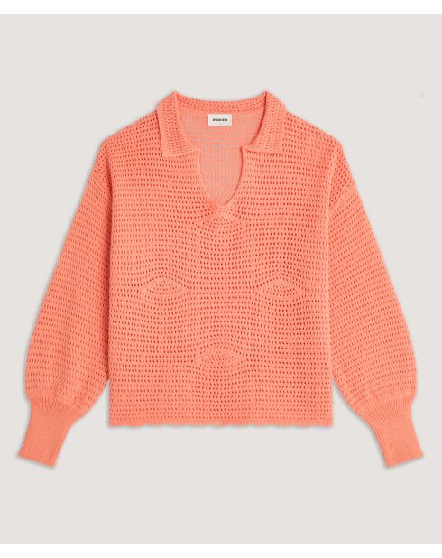 Maglione traforato Nia rosa salmone con collo a polo