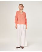 Lachsrosa Rollkragenpullover mit Lochmuster