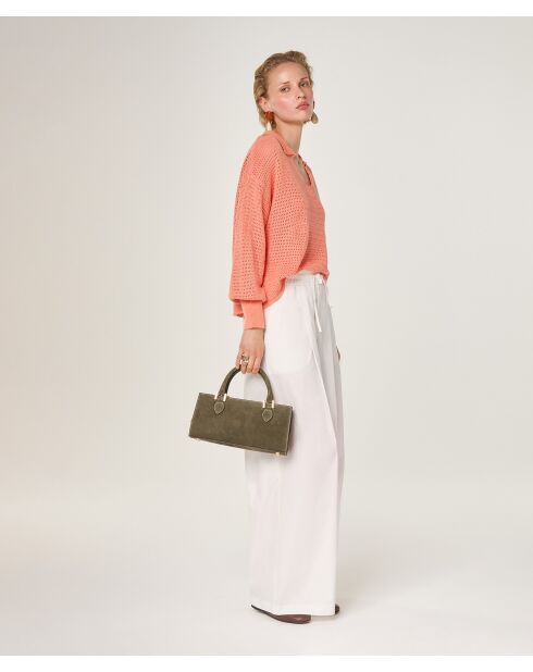 Maglione traforato Nia rosa salmone con collo a polo