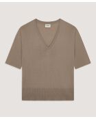 Mei bruine taupe wollen trui met korte mouwen en V-hals