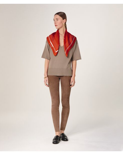 Mei brauner taupefarbener Kurzarmpullover aus Wolle mit V-Ausschnitt