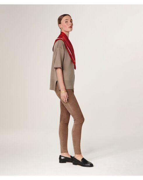 Mei brauner taupefarbener Kurzarmpullover aus Wolle mit V-Ausschnitt