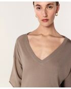 Mei bruine taupe wollen trui met korte mouwen en V-hals