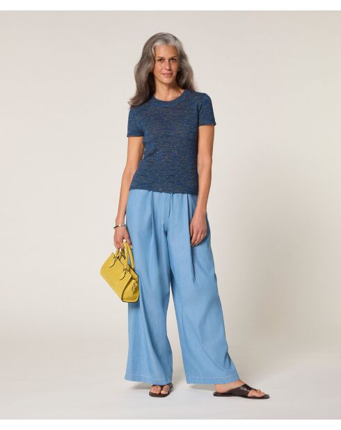 Hasna denimblauwe geribbelde trui met korte mouwen