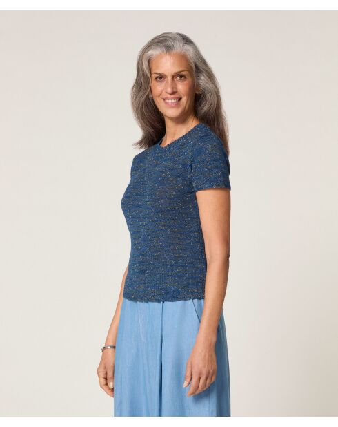 Hasna denimblauwe geribbelde trui met korte mouwen