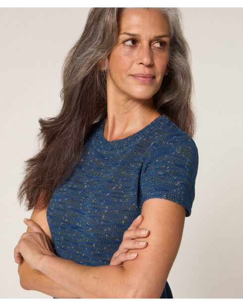 Hasna denimblauwe geribbelde trui met korte mouwen