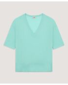 Mei wassergrüner Kurzarm-Pullover aus Wolle mit V-Ausschnitt