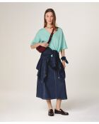 Mei wassergrüner Kurzarm-Pullover aus Wolle mit V-Ausschnitt