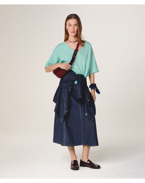 Mei watergroene wollen trui met korte mouwen en V-hals