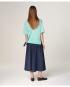 Mei wassergrüner Kurzarm-Pullover aus Wolle mit V-Ausschnitt