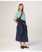 Mei wassergrüner Kurzarm-Pullover aus Wolle mit V-Ausschnitt